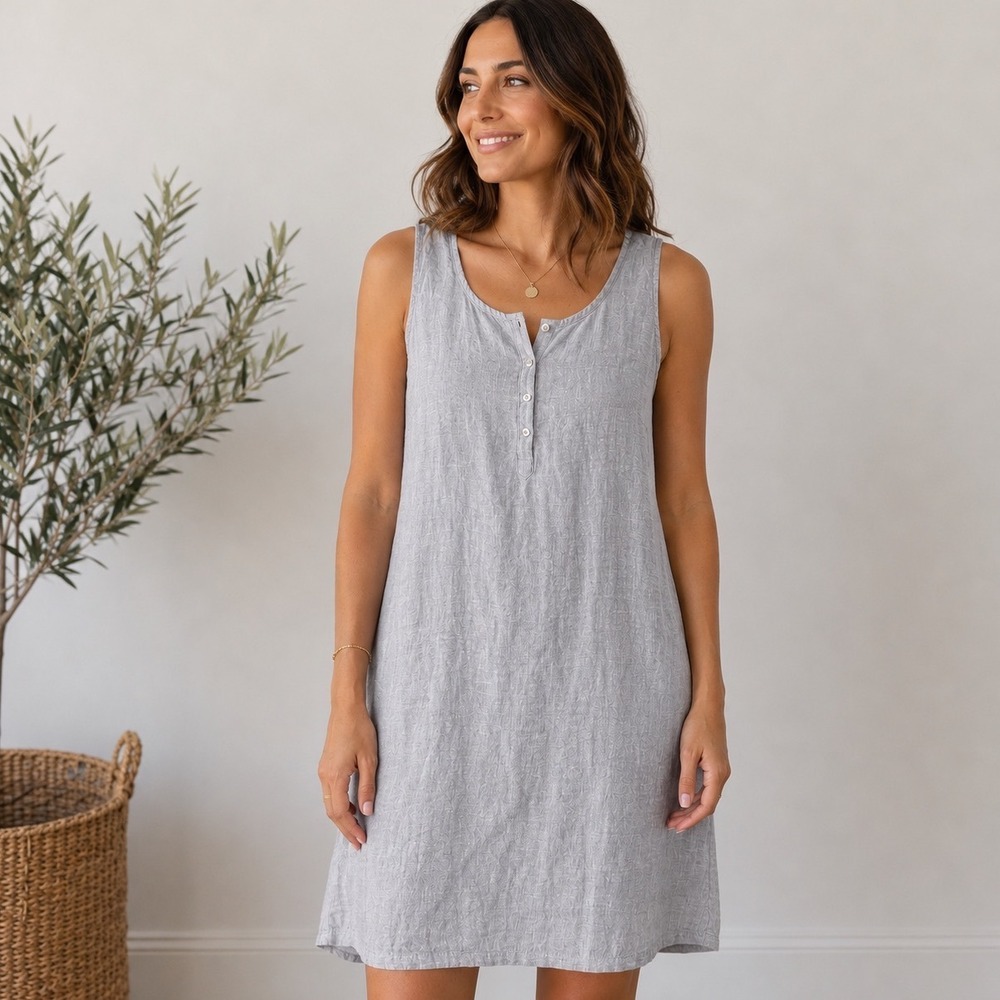 St. Tropez West Linen Shift Dress Womens 8 Grey Coastal Minimalist Sleeveless